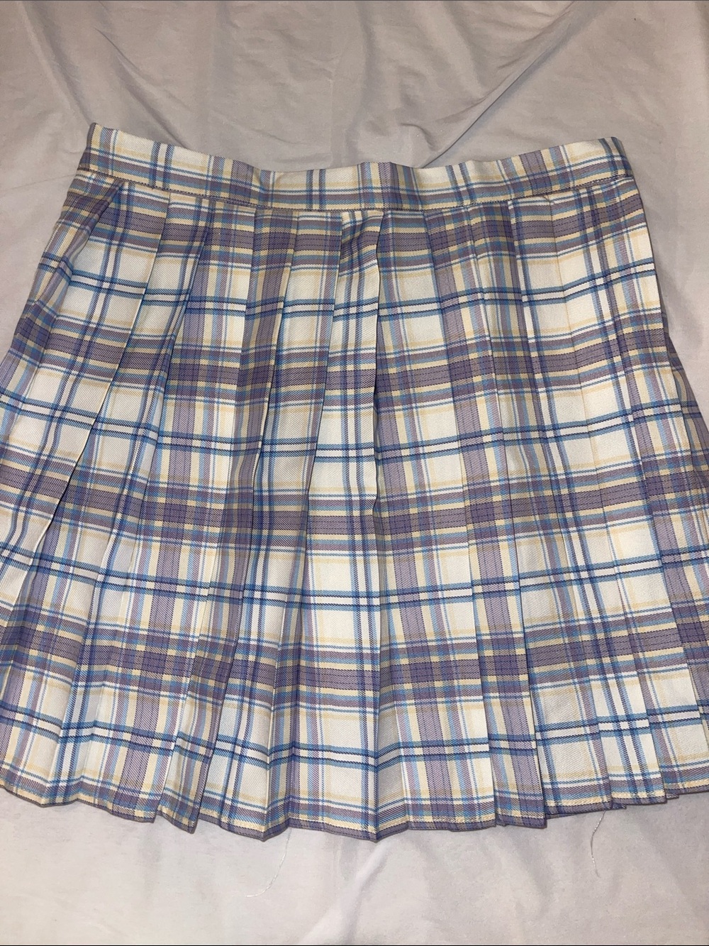 Pleated Mini Skirt in White with Purple and Blue Plaid